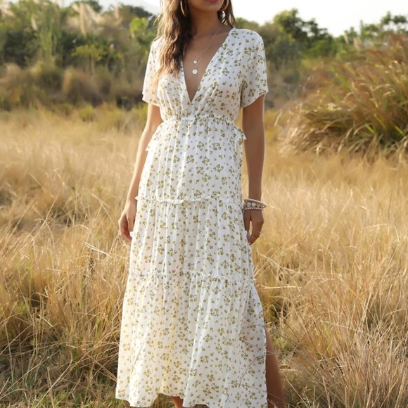 BOHO v neck floral print  side slit maxi dress - Picture 6 of 10